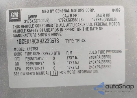 2009 Chevrolet Silverado 1500 Work Truck from USA, damaged, VIN 1GCEK19CX9Z220578